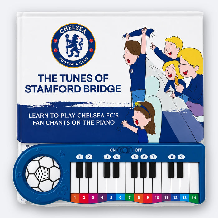 Das Chelsea-Klavierbuch: das Cover, The Tunes of Stamford Bridge, über dem eingebauten Keyboard mit vierzehn Tasten, nach Farbe und Zahl gekennzeichnet.