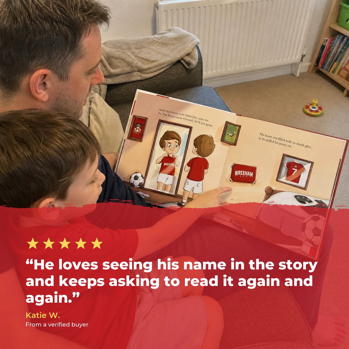 A father and his son on the sofa reading the Wrexham AFC Personalised Book together, over a five-star review from a verified buyer.