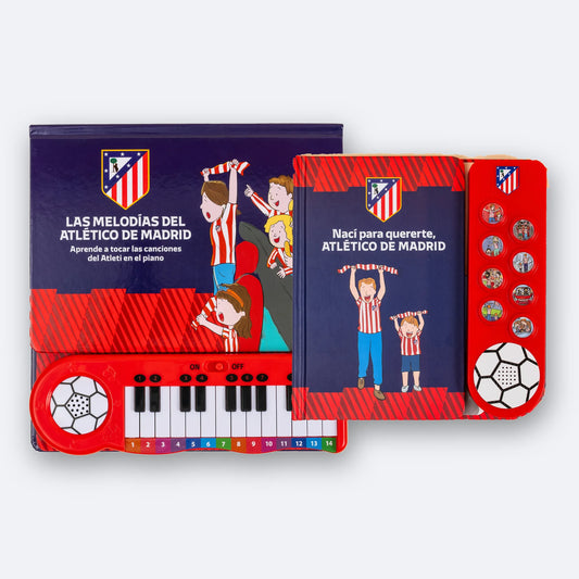 El Libro Musical y el Piano Libro del Atlético de Madrid juntos, el Libro Musical de pie delante del Piano Libro.