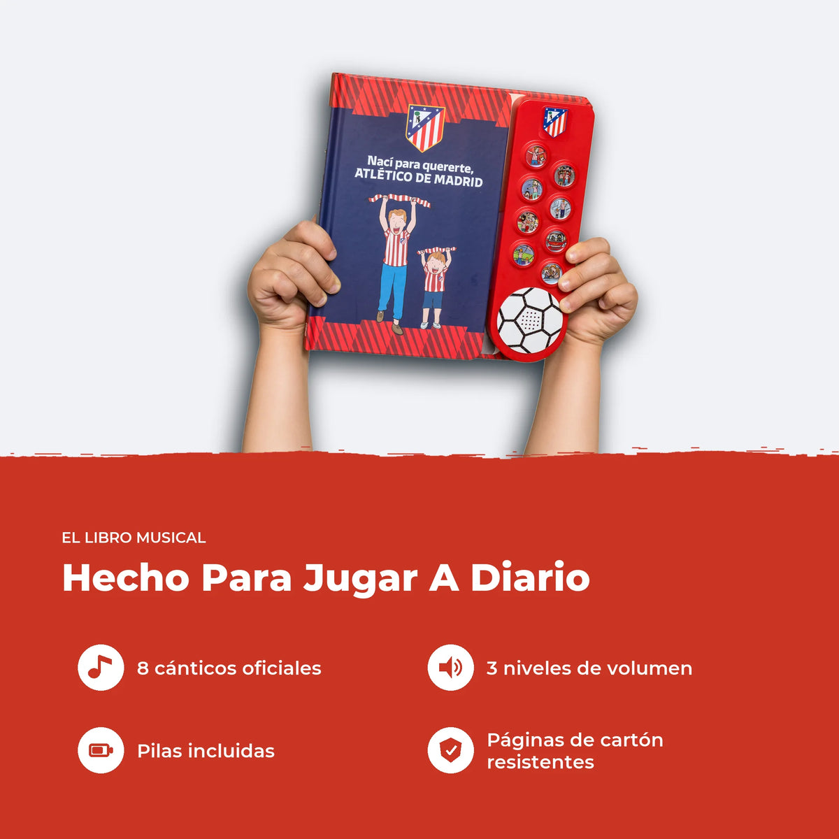 El Libro Musical del Atlético de Madrid: ocho cánticos oficiales, tres niveles de volumen, pilas incluidas y páginas de cartón.