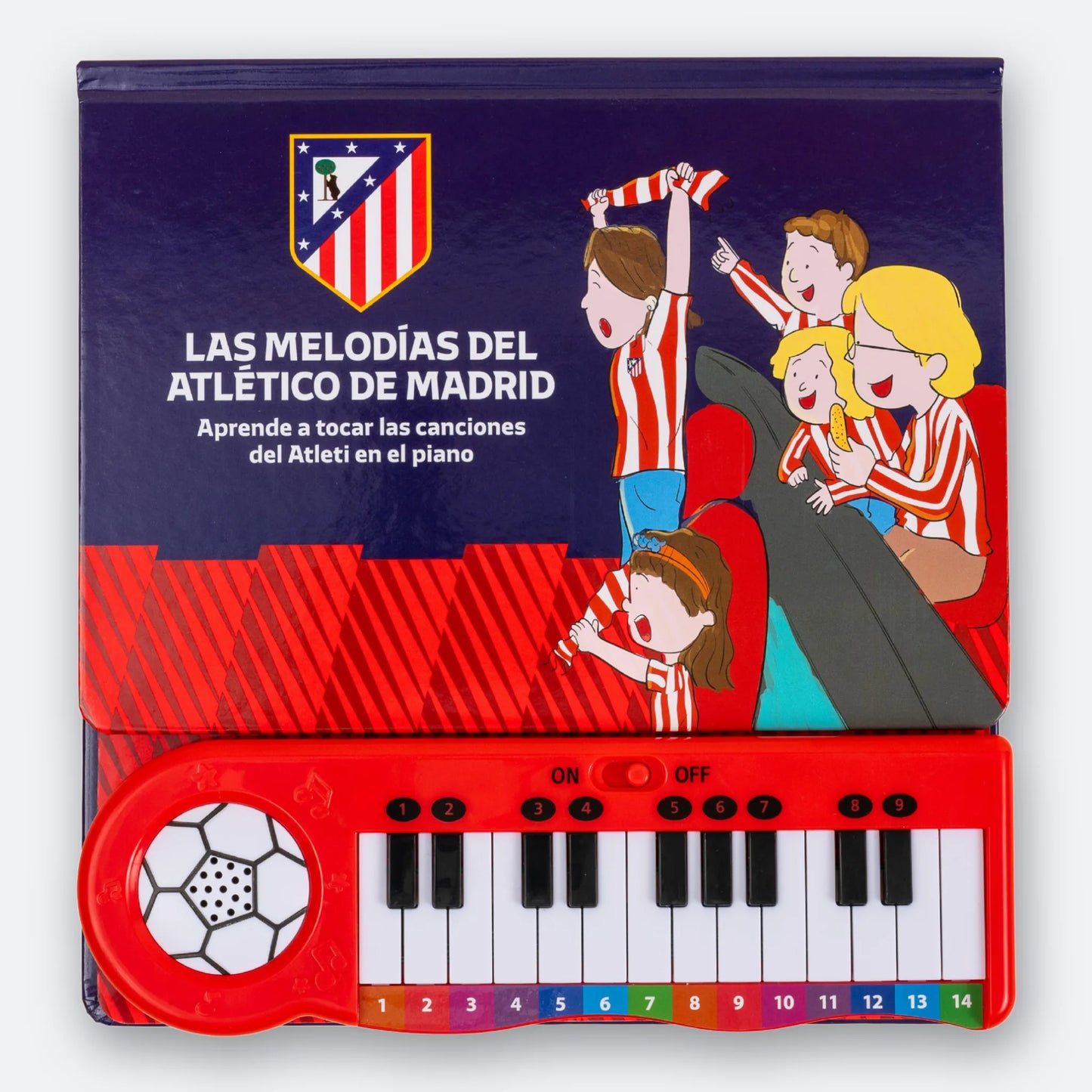 El Piano Libro del Atlético de Madrid, con la portada y el teclado completo por colores.