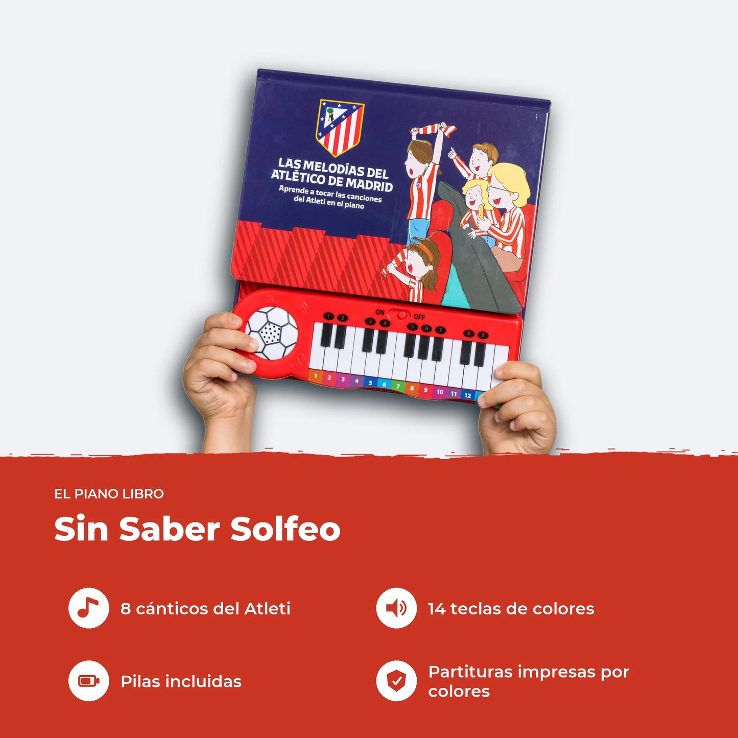 El Piano Libro del Atlético de Madrid: ocho cánticos del club, catorce teclas de colores y partituras impresas.