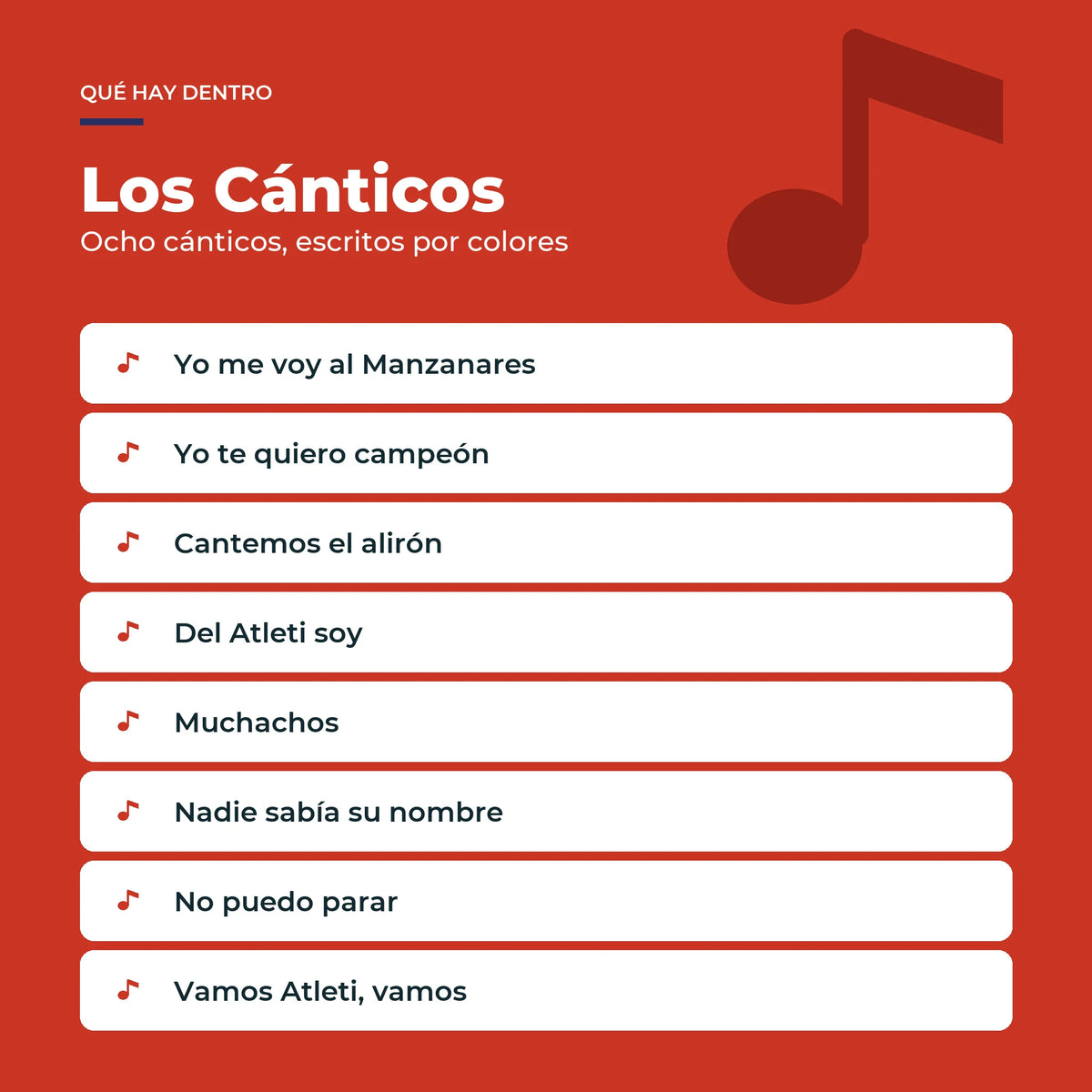 Los ocho cánticos del Atlético de Madrid del Piano Libro, impresos como partitura por colores.