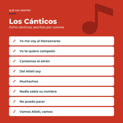 Los ocho cánticos del Atlético de Madrid del Piano Libro, impresos como partitura por colores.