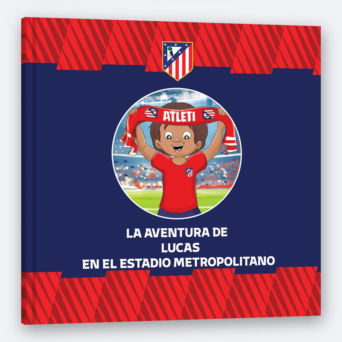 Il Libro Personalizzato dell'Atlético de Madrid, un libro quadrato con copertina rigida stampato con il nome del bambino in copertina.