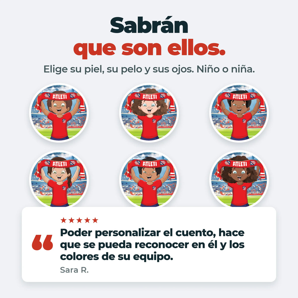 Sei dei personaggi dell'Atlético de Madrid che puoi creare: tre bambine e tre bambini, in tutte e sei le tonalità di pelle.