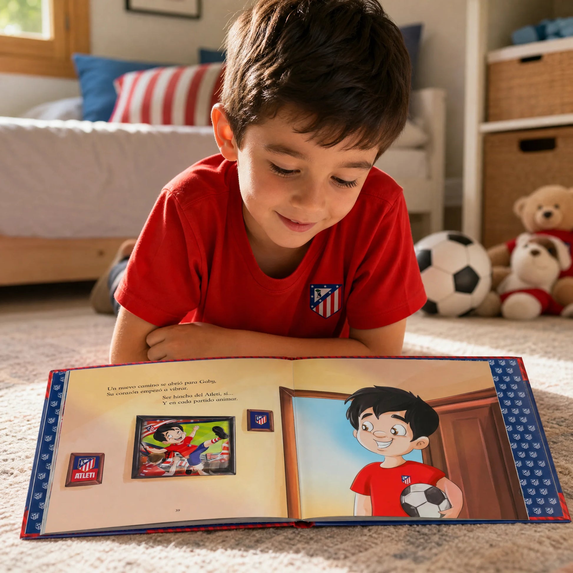 Un niño leyendo en casa su libro personalizado del Atlético de Madrid.