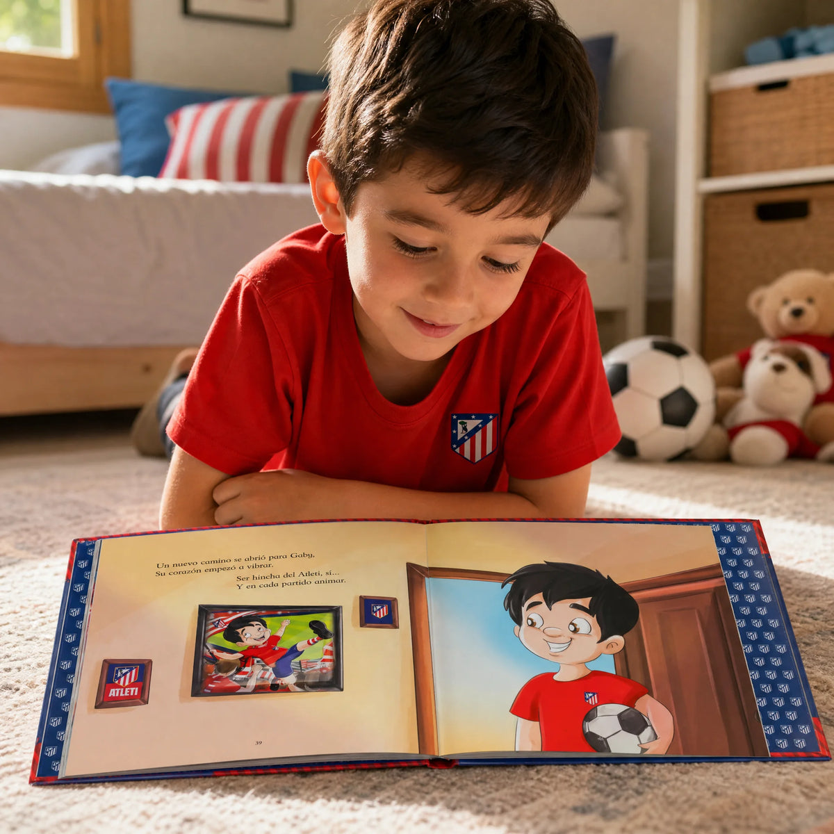 A child reading their Atlético de Madrid Personalised Book at home.