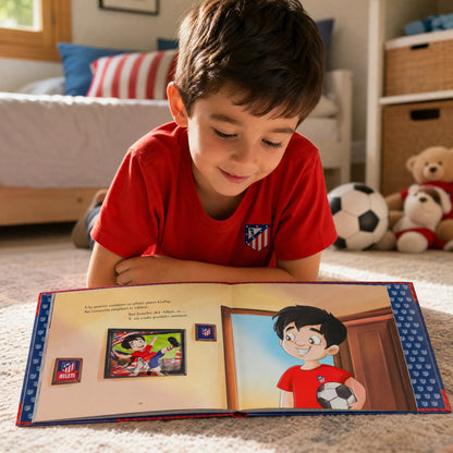 Un niño leyendo en casa su libro personalizado del Atlético de Madrid.