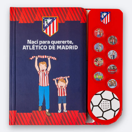El Libro Musical del Atlético de Madrid, de pie y abierto, con la portada y los ocho botones de sonido.