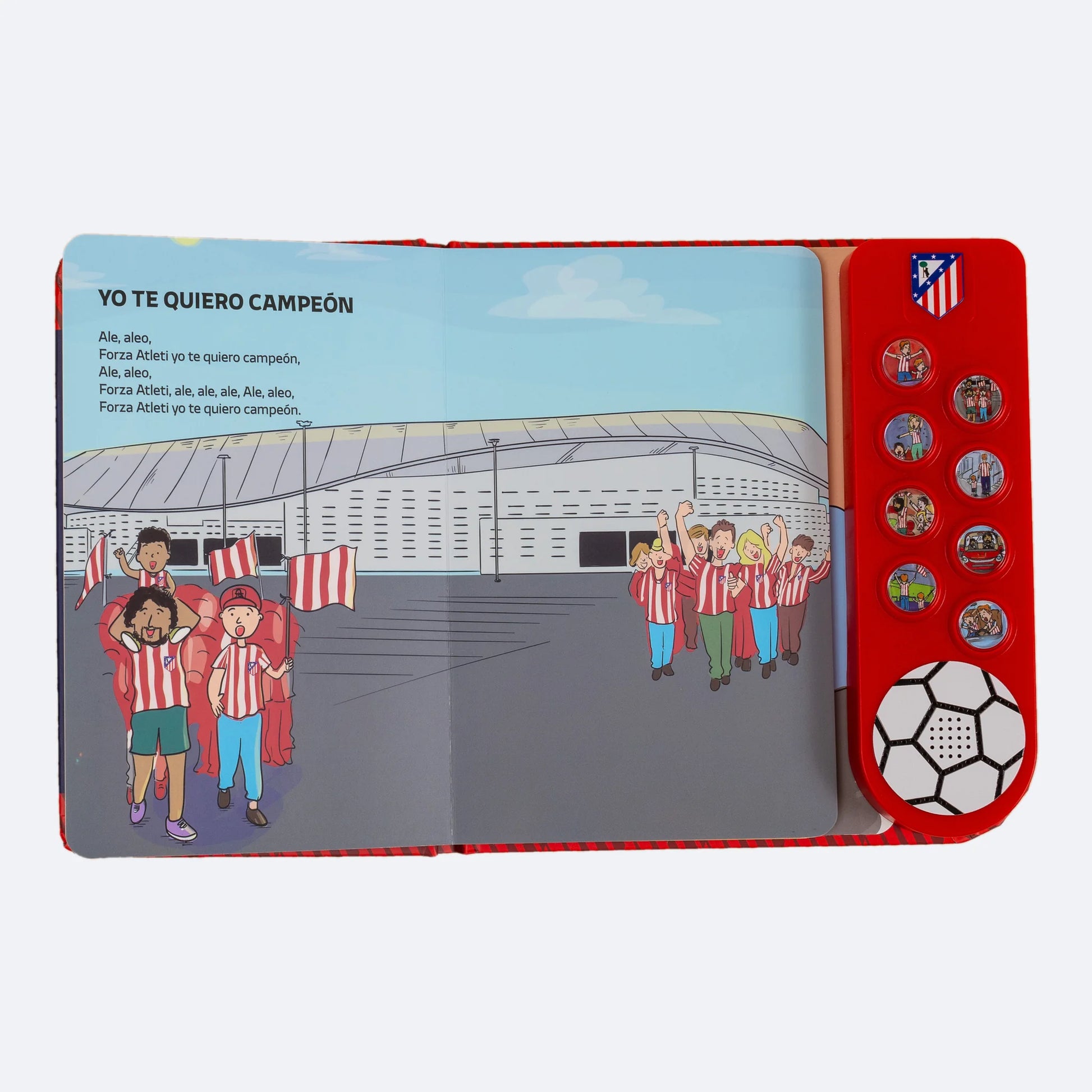 El Libro Musical abierto en una doble página ilustrada con jóvenes aficionados del Atleti a las puertas del Metropolitano.