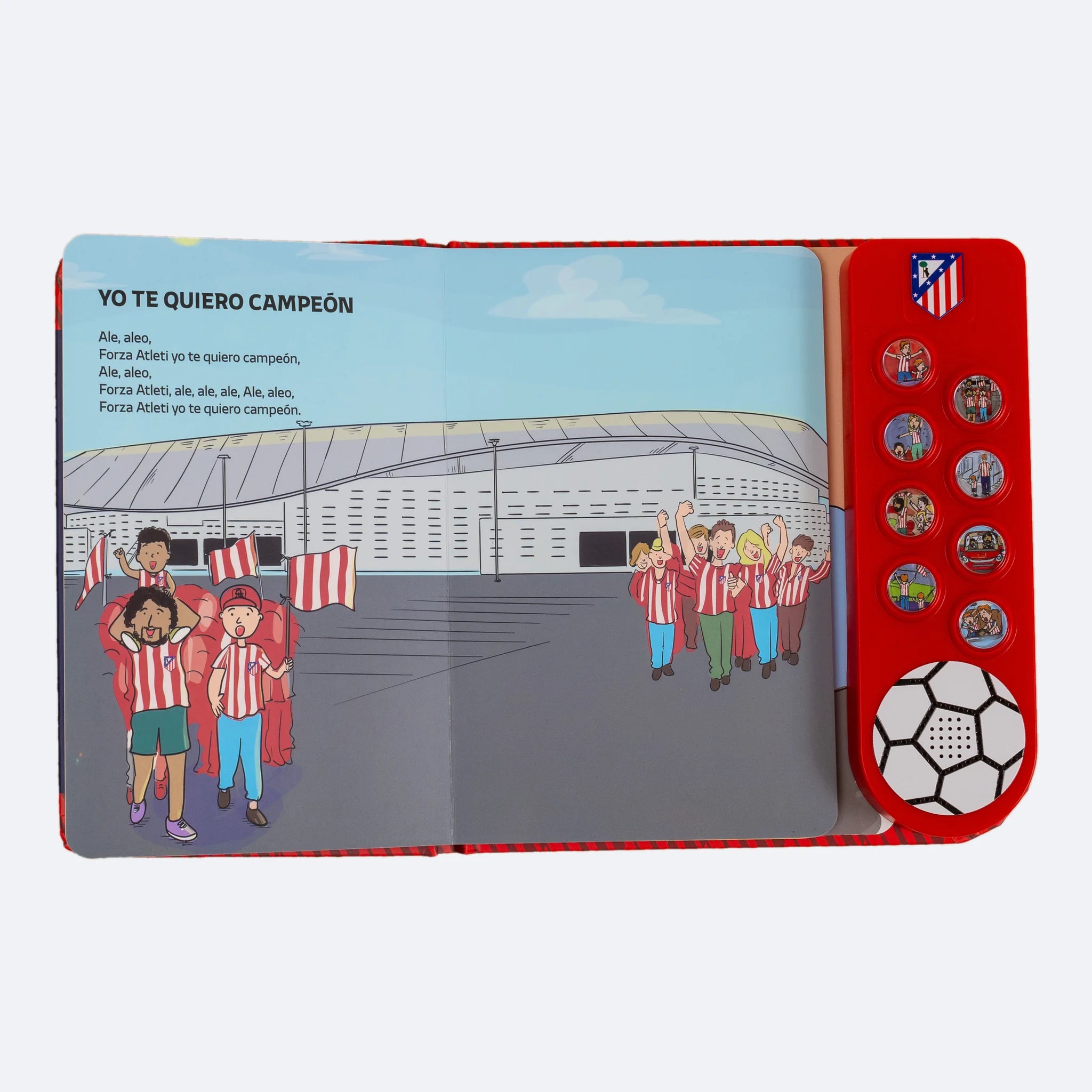 The Sound Book open at an illustrated spread of young Atleti fans outside the Metropolitano.
