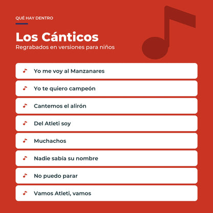 Los ocho cánticos del Atlético de Madrid del Libro Musical, regrabados en versiones para niños.