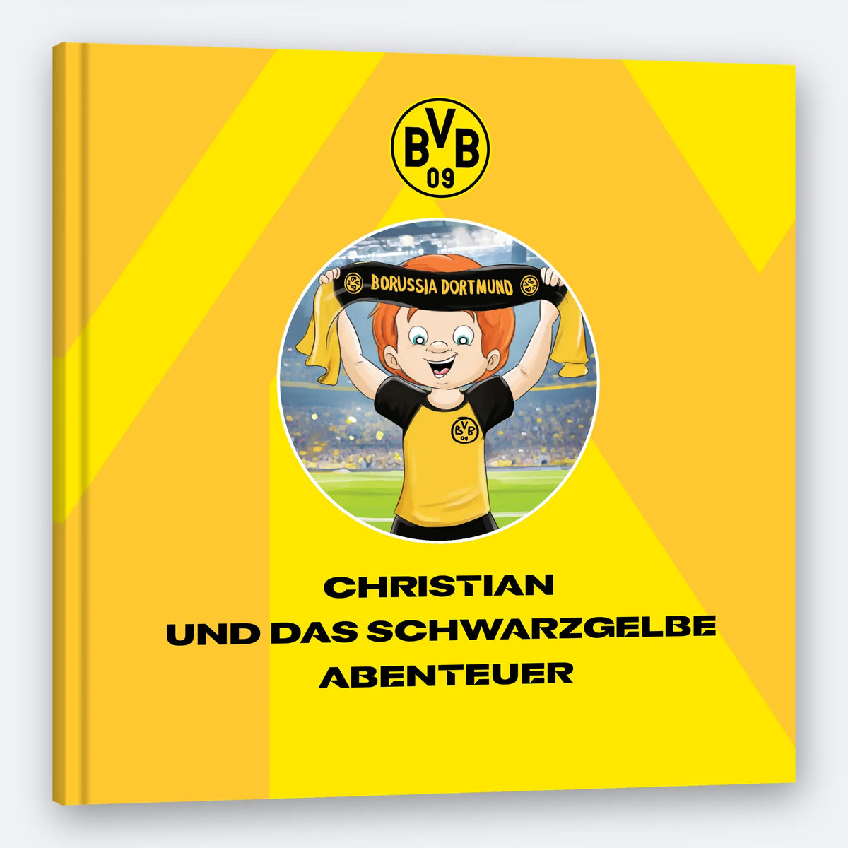 Il Libro Personalizzato del Borussia Dortmund, un libro quadrato con copertina rigida stampato con il nome del bambino in copertina.