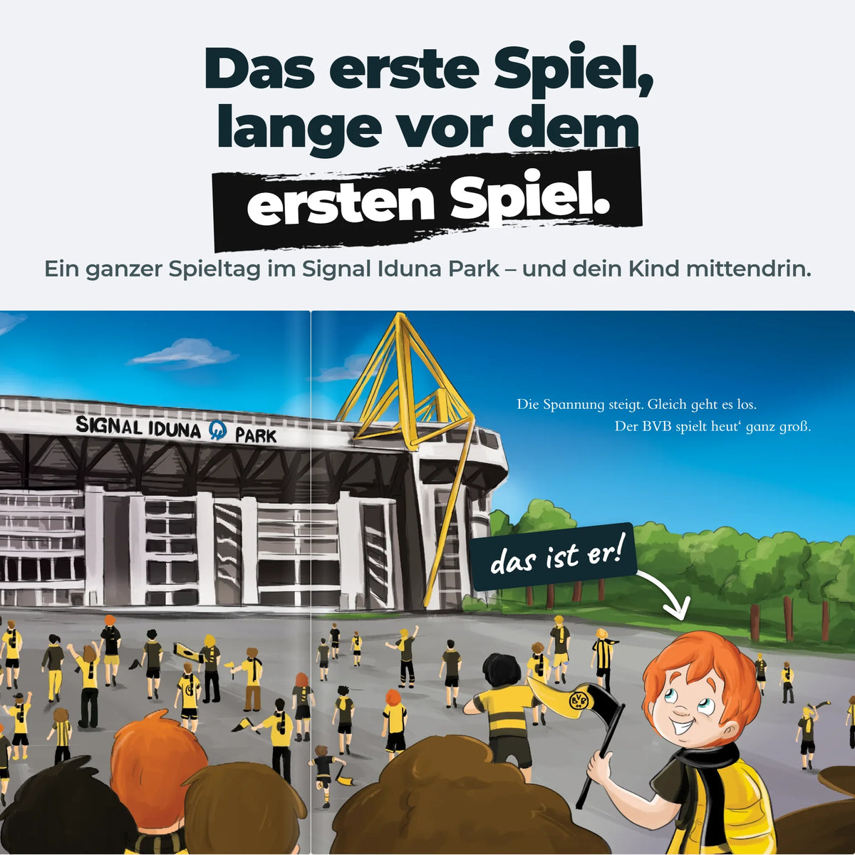 Una pagina interna del libro personalizzato: il bambino arriva al Signal Iduna Park in mezzo ai tifosi.