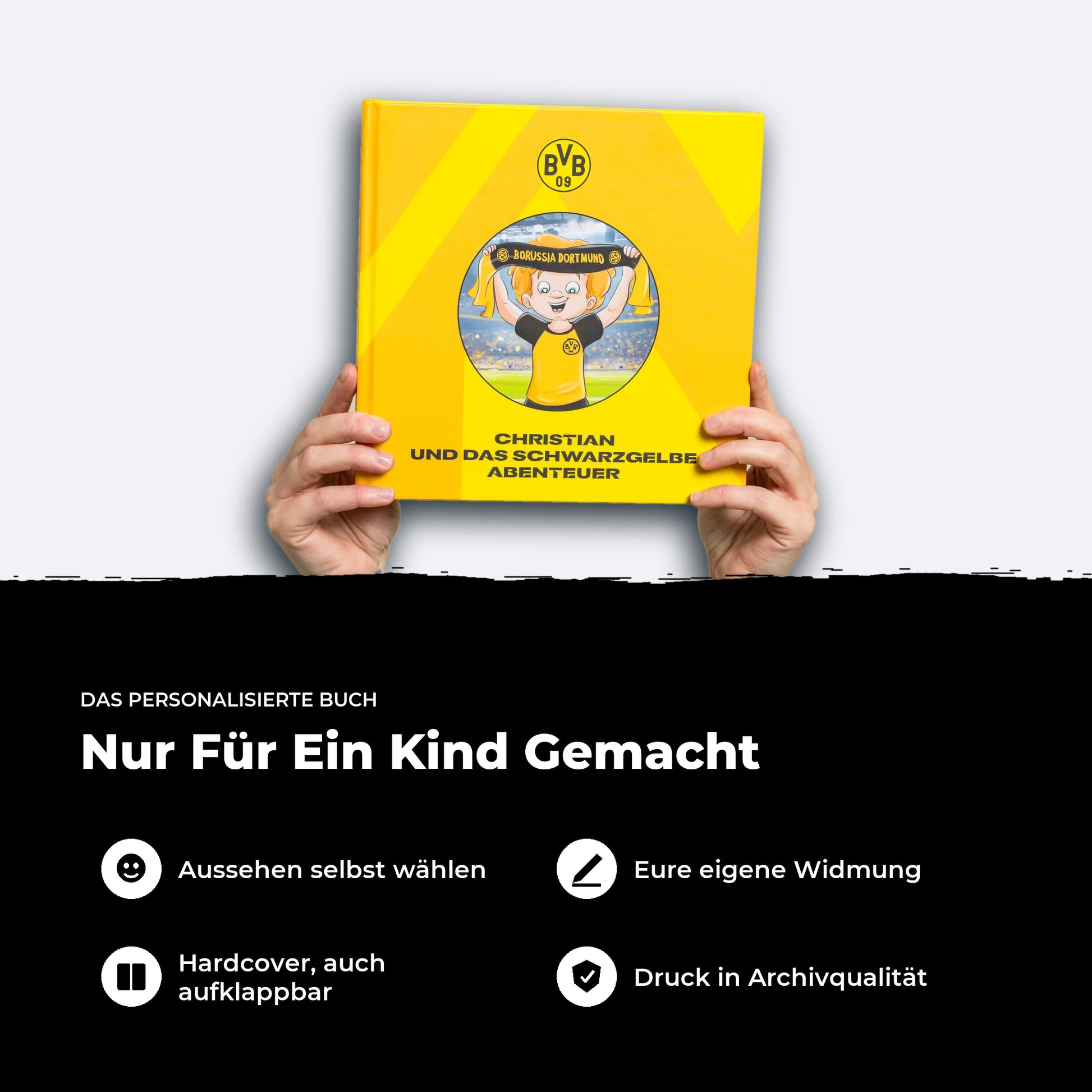 Das personalisierte BVB-Buch in Kinderhänden: Figur wählen, eigene Widmung, Hardcover, Druck in Archivqualität.