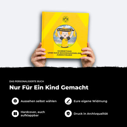Das personalisierte BVB-Buch in Kinderhänden: Figur wählen, eigene Widmung, Hardcover, Druck in Archivqualität.