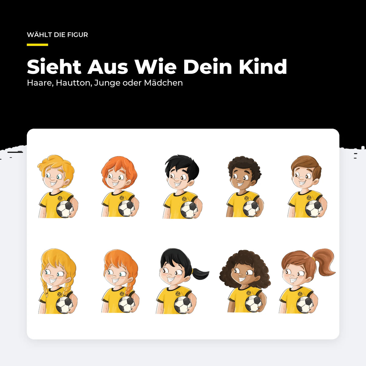 Die zehn BVB-Figuren im personalisierten Buch — fünf Frisuren, Junge oder Mädchen.