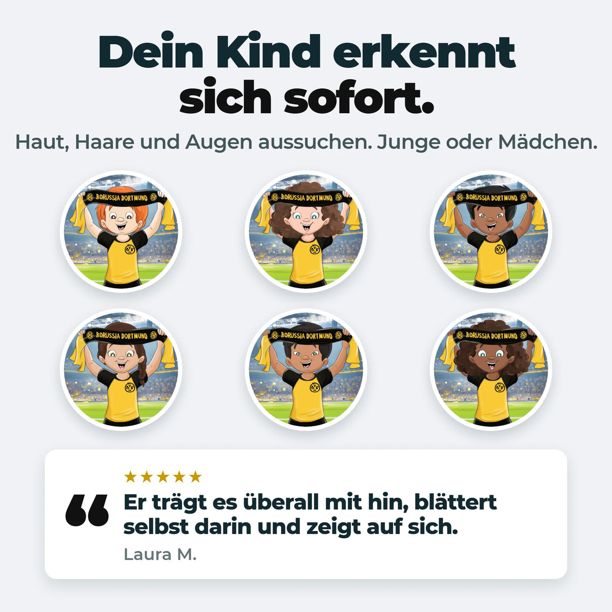 Sei dei personaggi del Borussia Dortmund che puoi creare: tre bambine e tre bambini, in tutte e sei le tonalità di pelle.