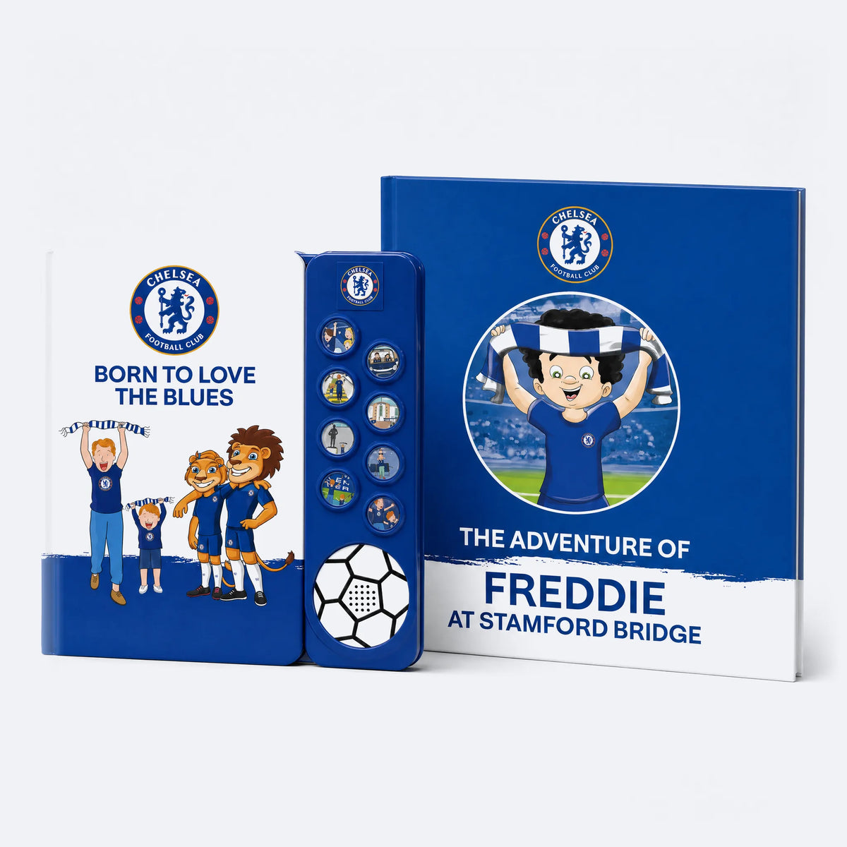 Il Libro Personalizzato del Chelsea FC, stampato con il nome Freddie, e il libro sonoro insieme, con il libro sonoro davanti.