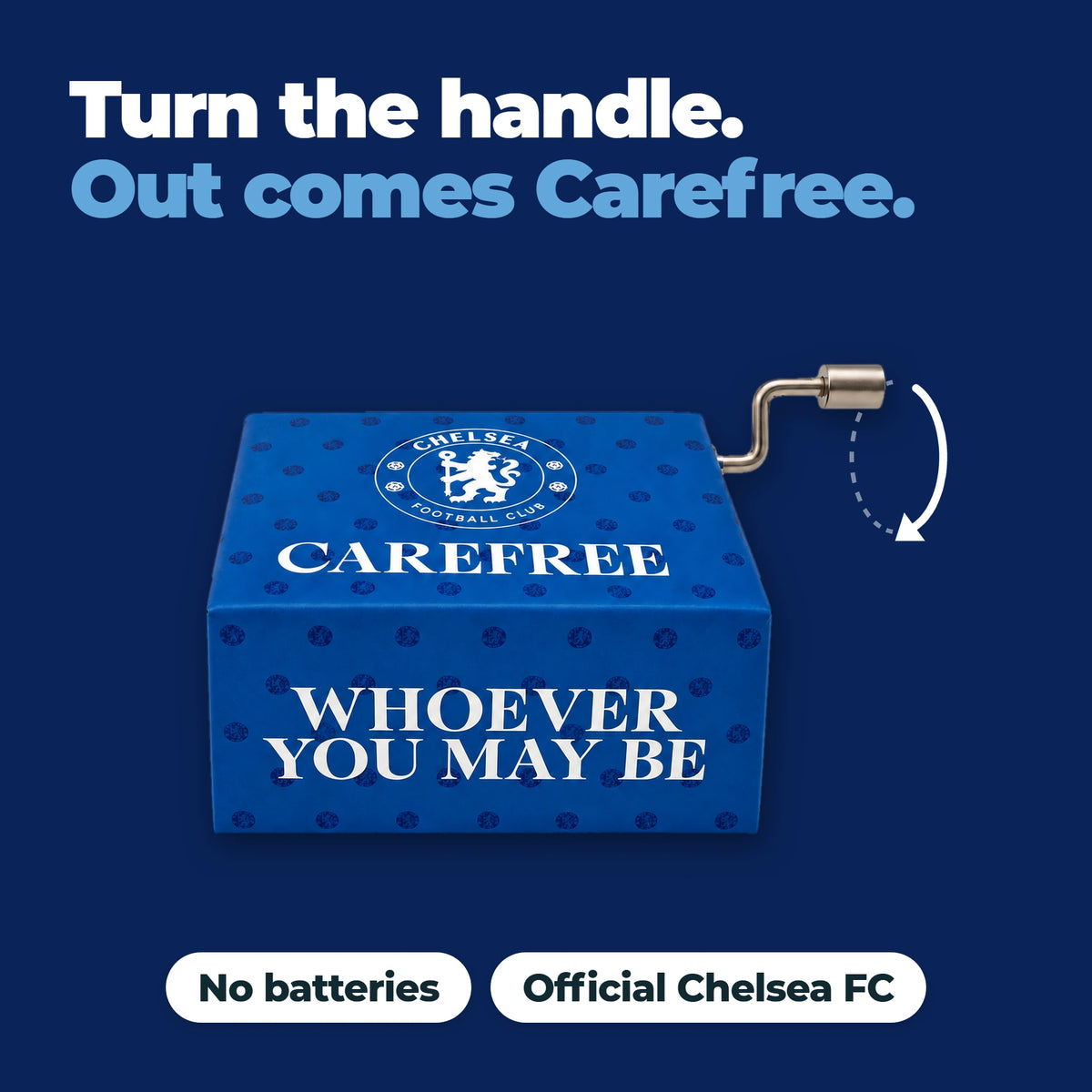 Il carillon del Chelsea FC con una freccia che mostra come gira la manovella: gira la manovella ed ecco Carefree. Niente pile, prodotto ufficiale del Chelsea FC.