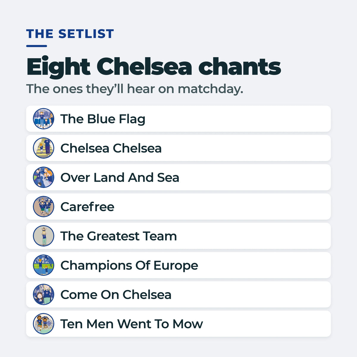 Gli otto cori del Chelsea nel Libro di Pianoforte, ognuno accanto alla sua illustrazione: The Blue Flag, Chelsea Chelsea, Over Land And Sea, Carefree, The Greatest Team, Champions Of Europe, Come On Chelsea, Ten Men Went To Mow.