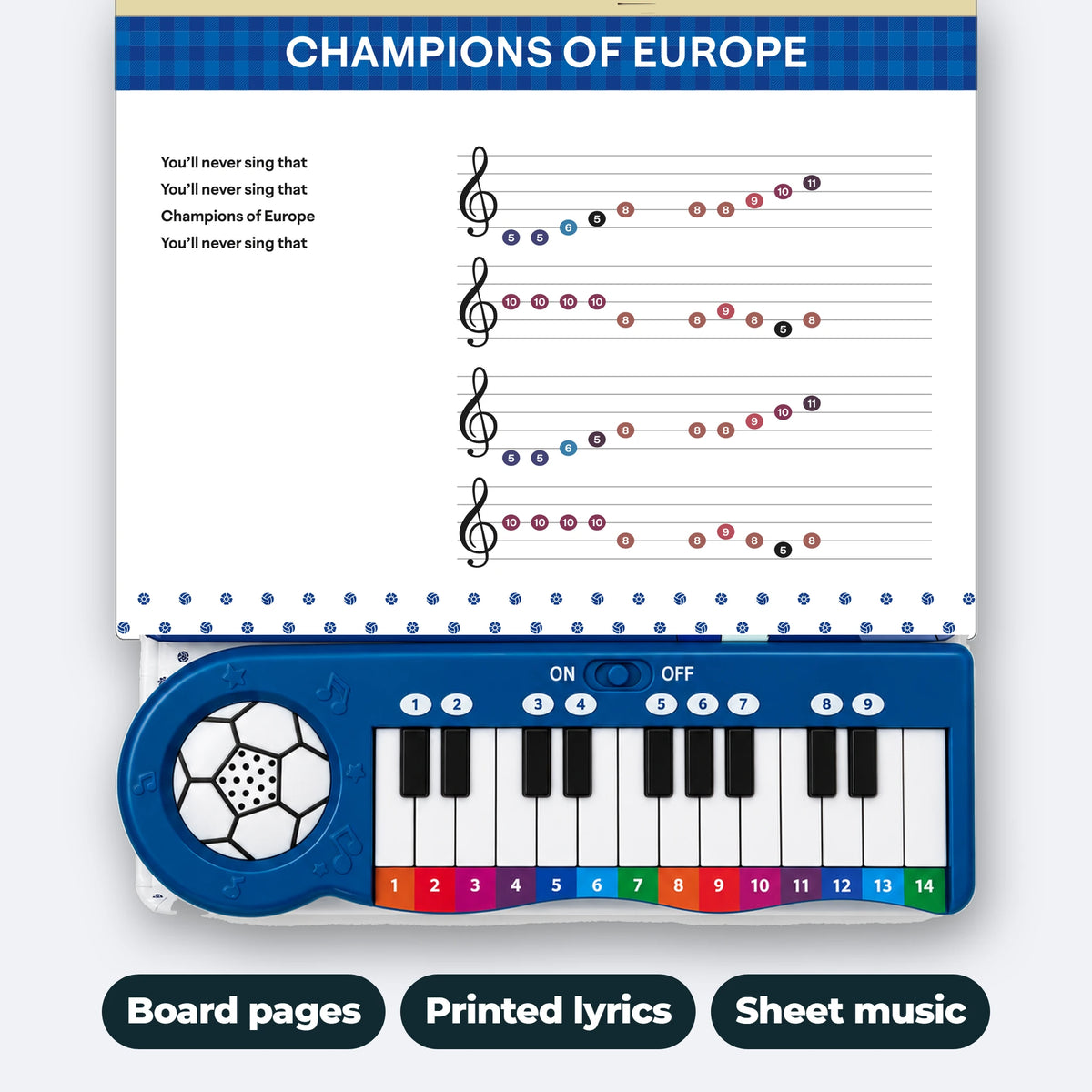 Il Libro di Pianoforte del Chelsea aperto e steso su Champions Of Europe: il testo stampato, righe di note colorate e numerate e la tastiera sotto. Pagine cartonate, testi stampati, spartiti.