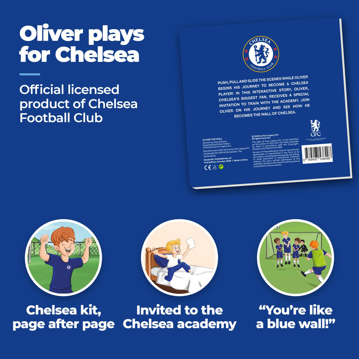 Rückseite des Chelsea-Schiebebuchs mit dem Wappen von Chelsea, dazu drei Ausschnitte aus dem Buch: das Trikot, der Brief der Akademie und die Mauer aus Verteidigern