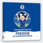 Il Libro Personalizzato del Chelsea, un libro quadrato con copertina rigida stampato con il nome del bambino in copertina.