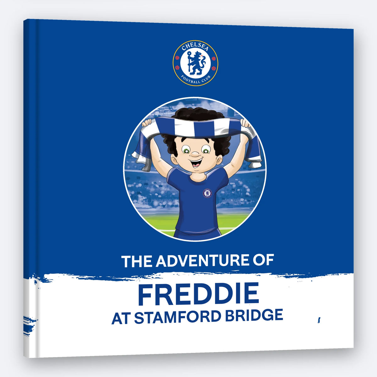 Il Libro Personalizzato del Chelsea, un libro quadrato con copertina rigida stampato con il nome del bambino in copertina.