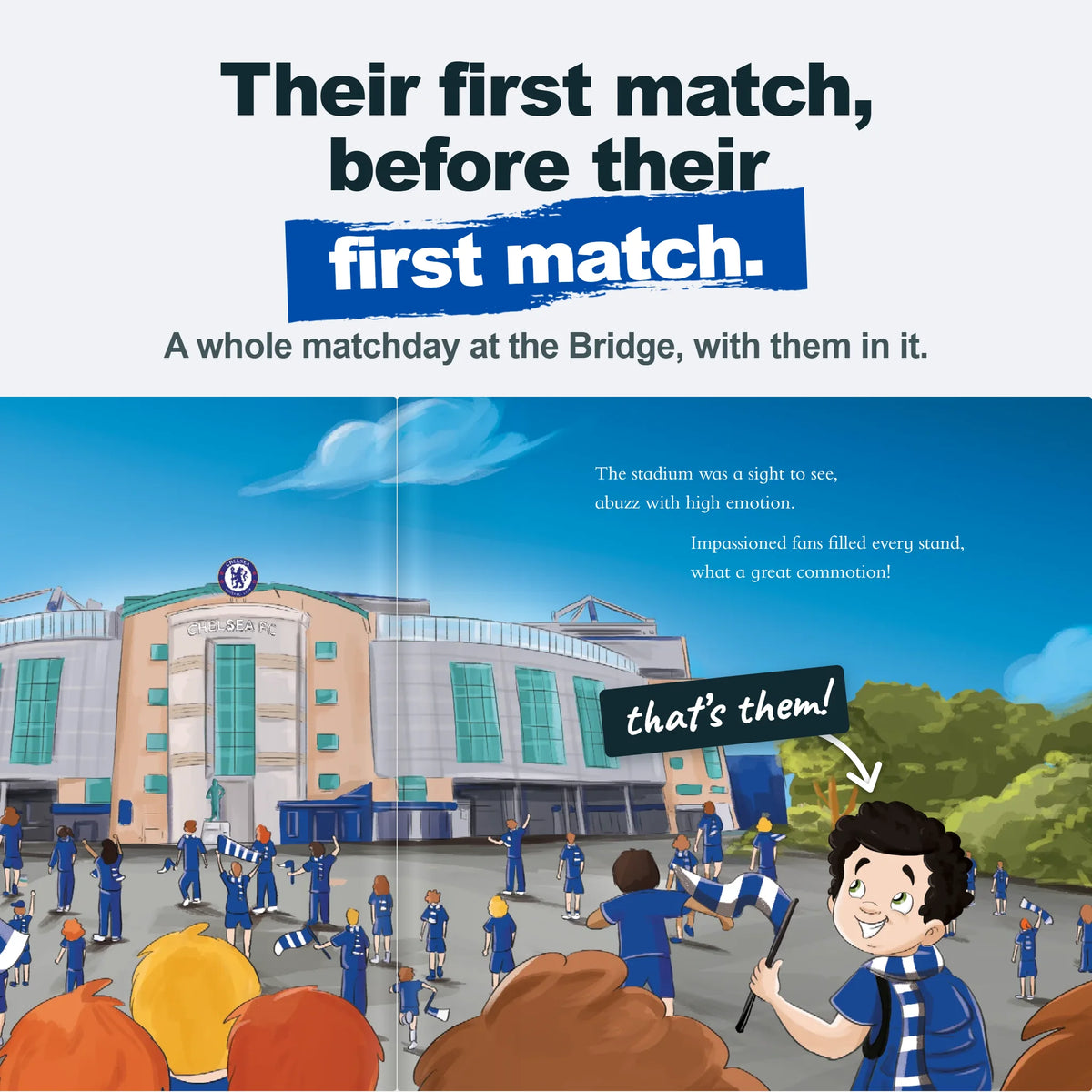 Una pagina interna del libro personalizzato: il bambino arriva a Stamford Bridge in mezzo ai tifosi.