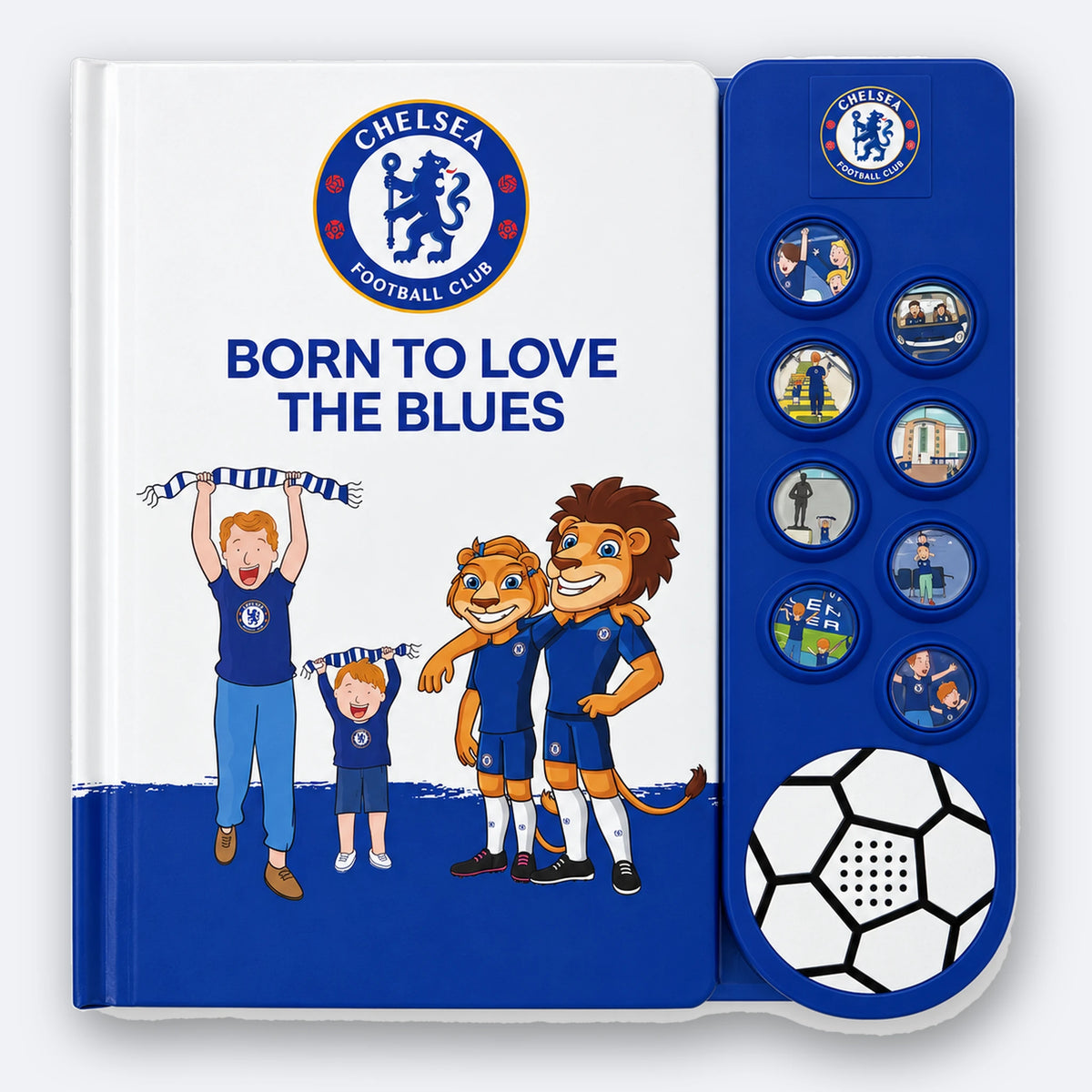 Chelsea FC Fan Chants Sound Book, closed, showing the cover and the eight illustrated sound buttons on the moulded panel.