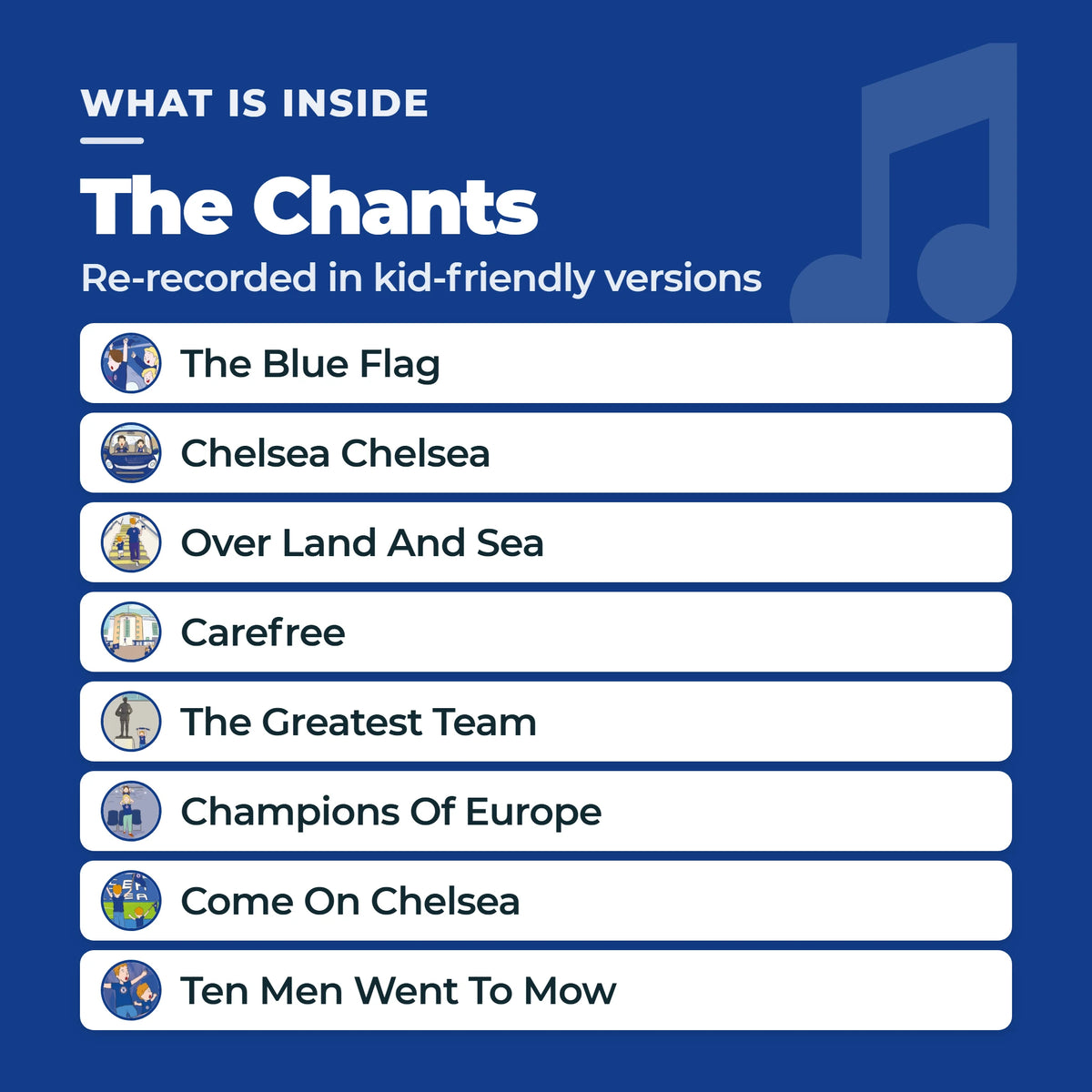 The eight Chelsea FC chants in the Sound Book, each listed beside its own illustrated sound button: The Blue Flag, Chelsea Chelsea, Over Land And Sea, Carefree, The Greatest Team, Champions Of Europe, Come On Chelsea, Ten Men Went To Mow.