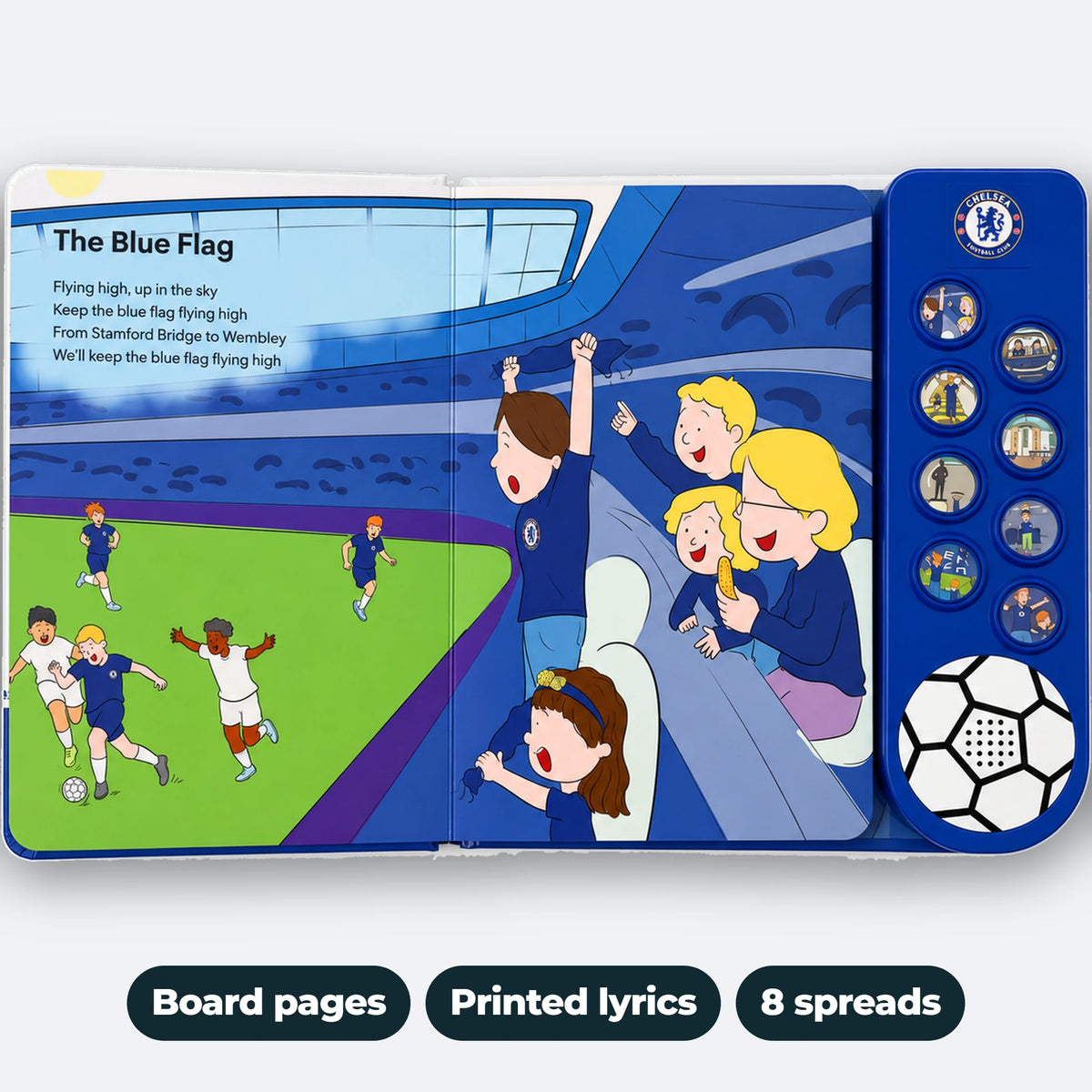 The Chelsea FC Sound Book open flat at The Blue Flag, showing the printed lyrics, the illustration and the sound panel: board pages, printed lyrics, eight spreads.