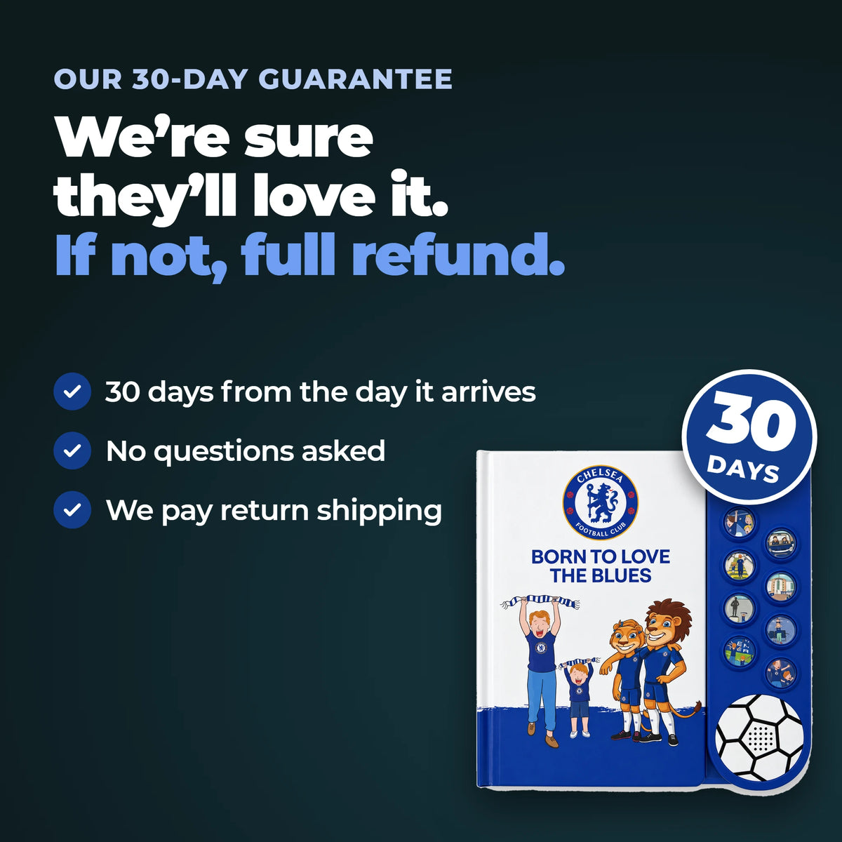 Our thirty-day guarantee on the Chelsea FC Sound Book: thirty days from the day it arrives, no questions asked, and we pay return shipping.
