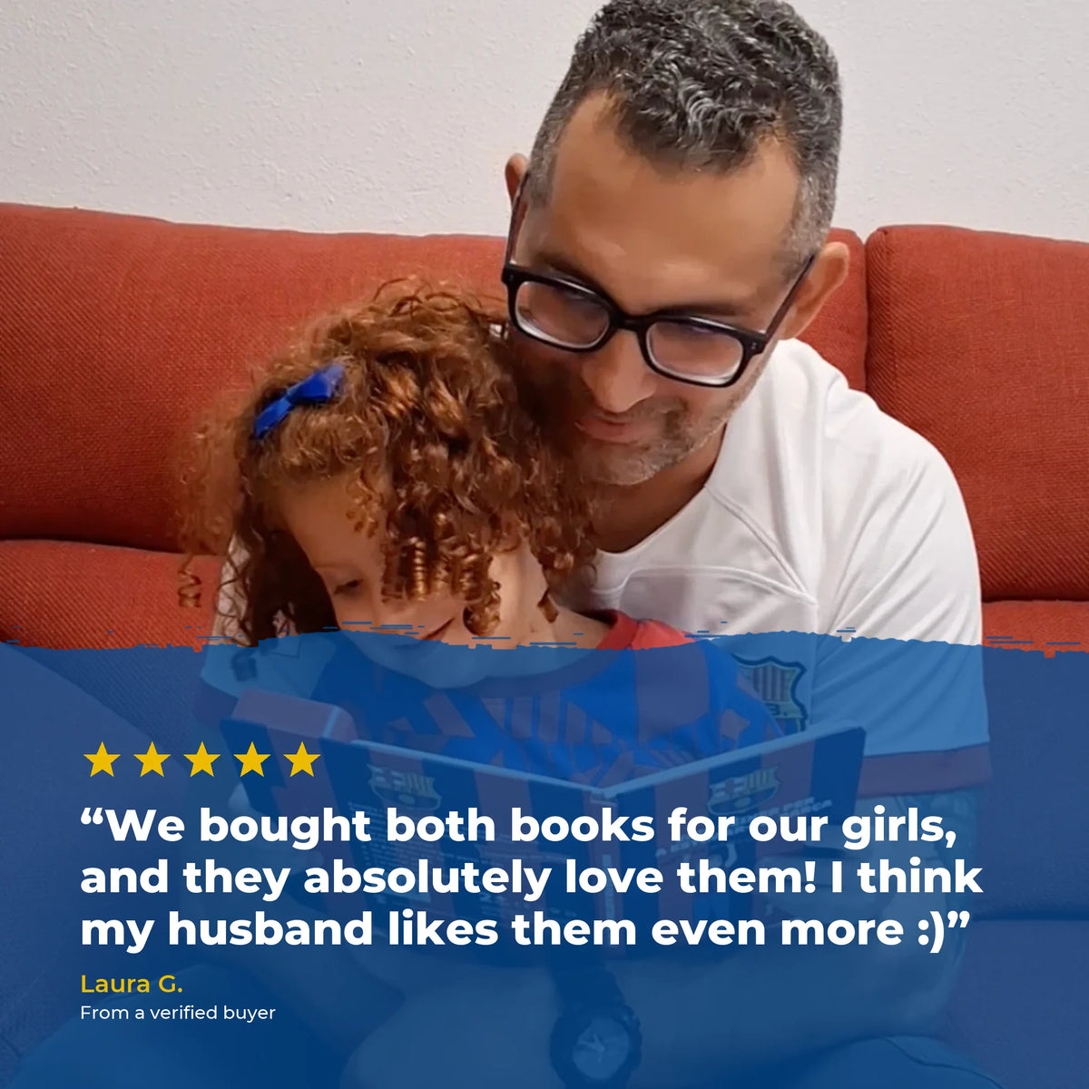 A father and daughter reading the FC Barcelona Sound Book together, over a five-star review from a verified buyer.