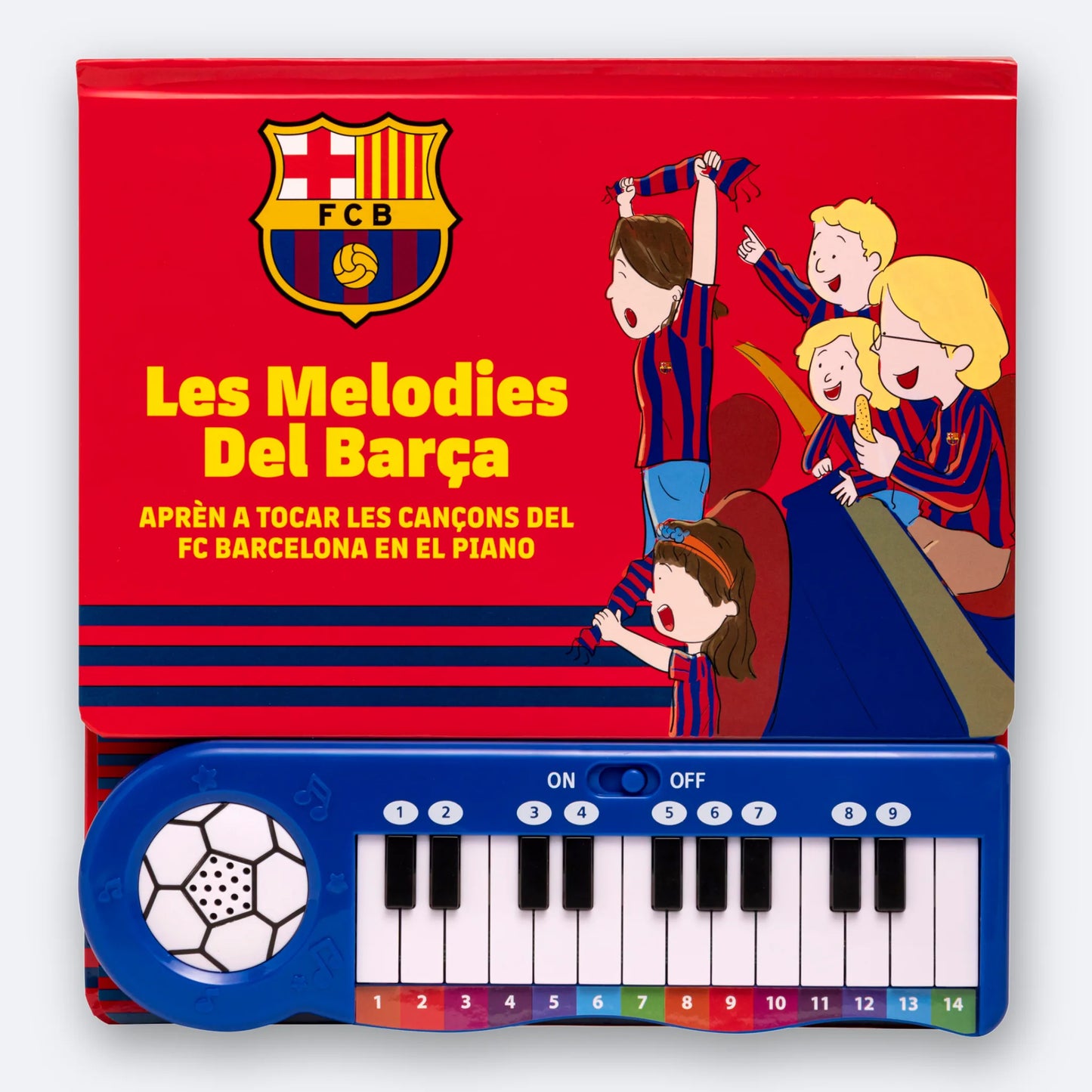 The FC Barcelona Piano Book, cover and full colour-coded keyboard.