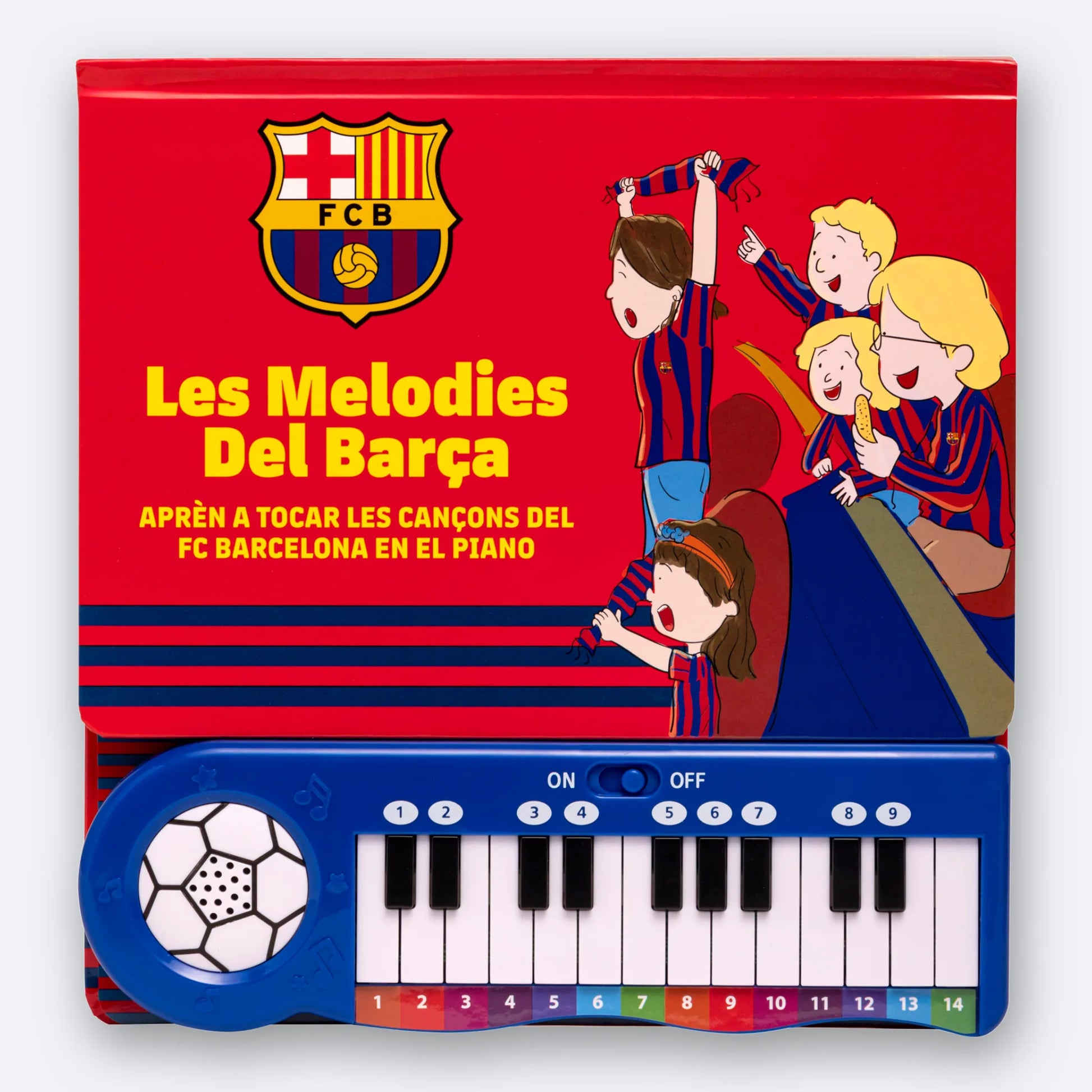 The FC Barcelona Piano Book, cover and full colour-coded keyboard.