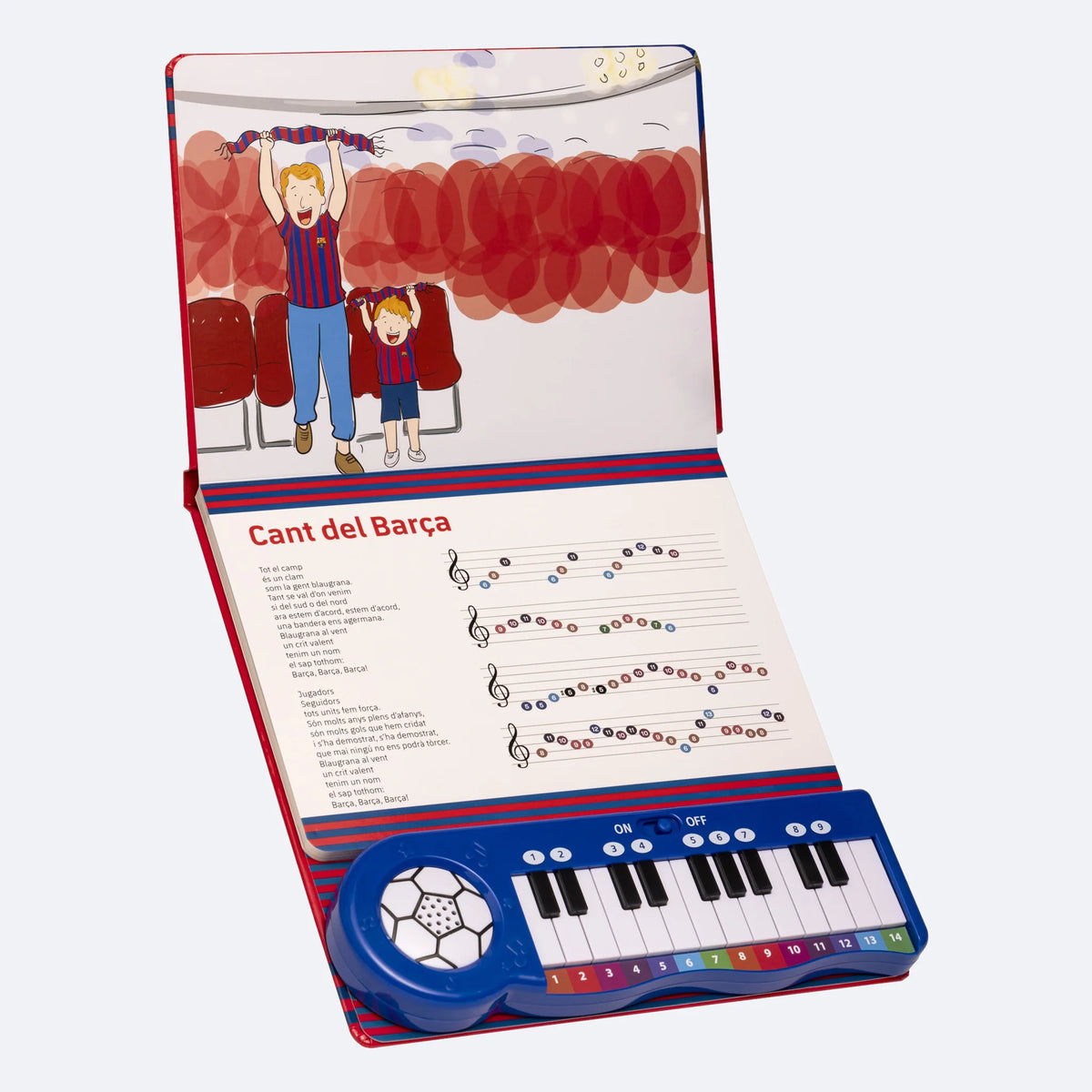 The Piano Book open at Cant del Barça, the sheet music printed by colour above the keyboard.