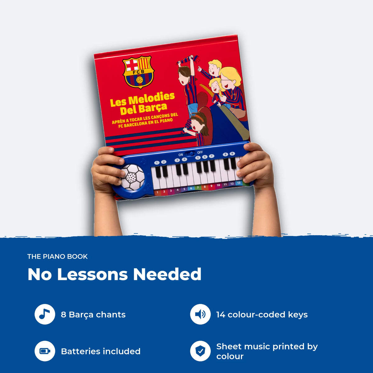 The FC Barcelona Piano Book: eight Barça chants, fourteen colour-coded keys and sheet music printed by colour.