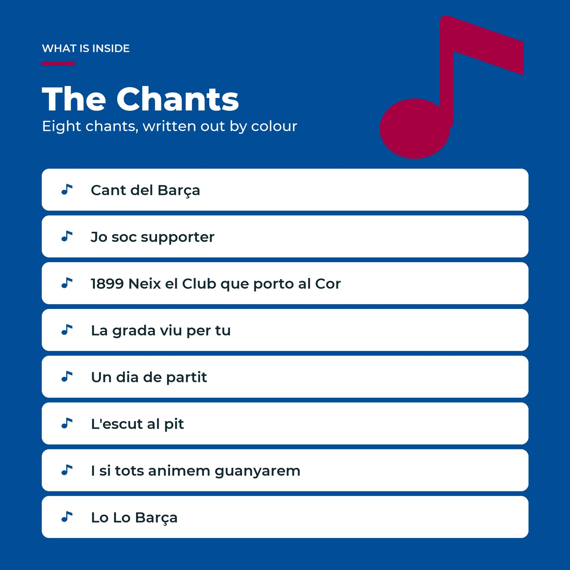 The eight FC Barcelona chants in the Piano Book, written out as colour-coded notes.