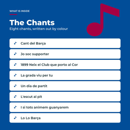 The eight FC Barcelona chants in the Piano Book, written out as colour-coded notes.