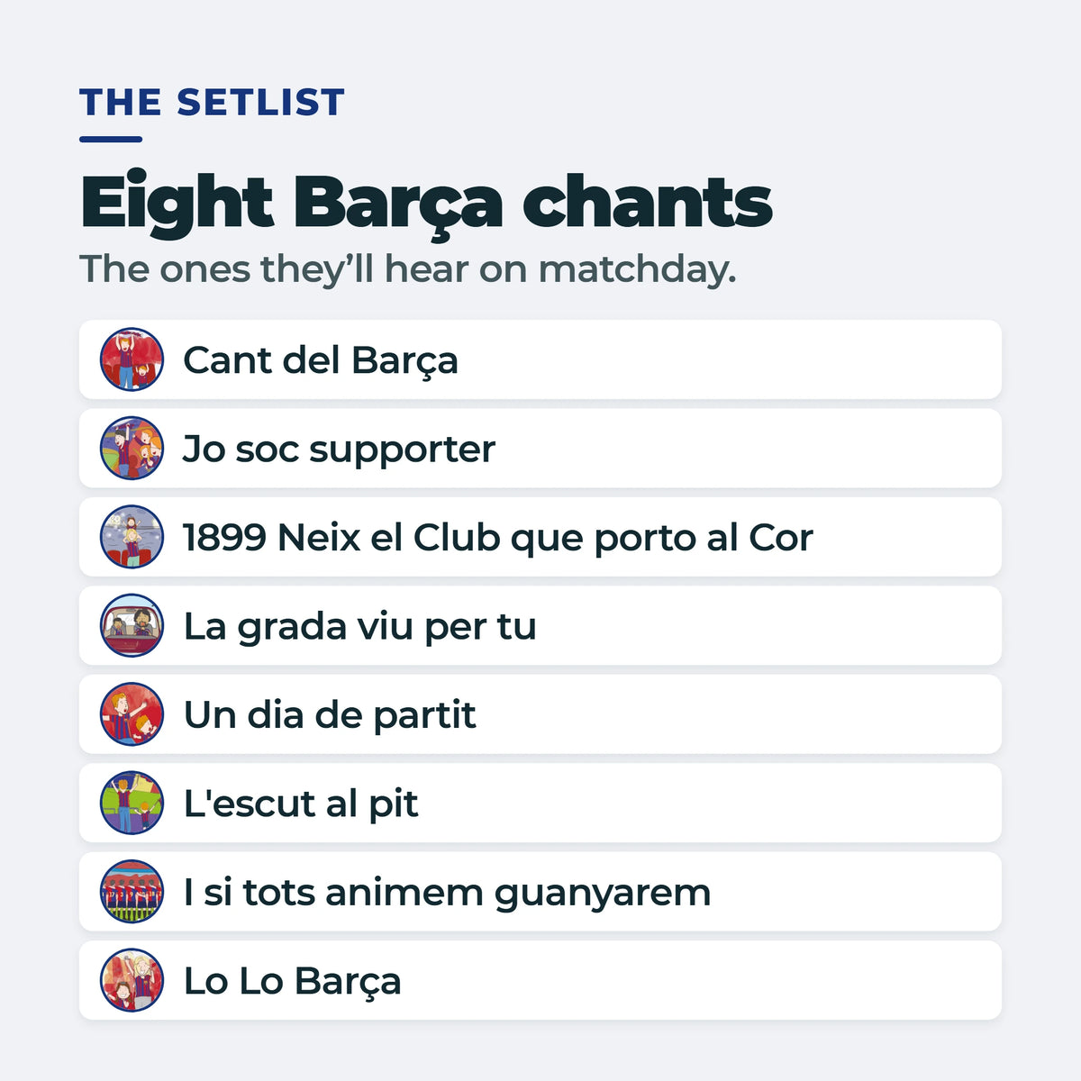 Gli otto cori del Barça nel Libro di Pianoforte, ognuno accanto alla sua illustrazione: Cant del Barça, Jo soc supporter, 1899 Neix el Club que porto al Cor, La grada viu per tu, Un dia de partit, L'escut al pit, I si tots animem guanyarem, Lo Lo Barça.