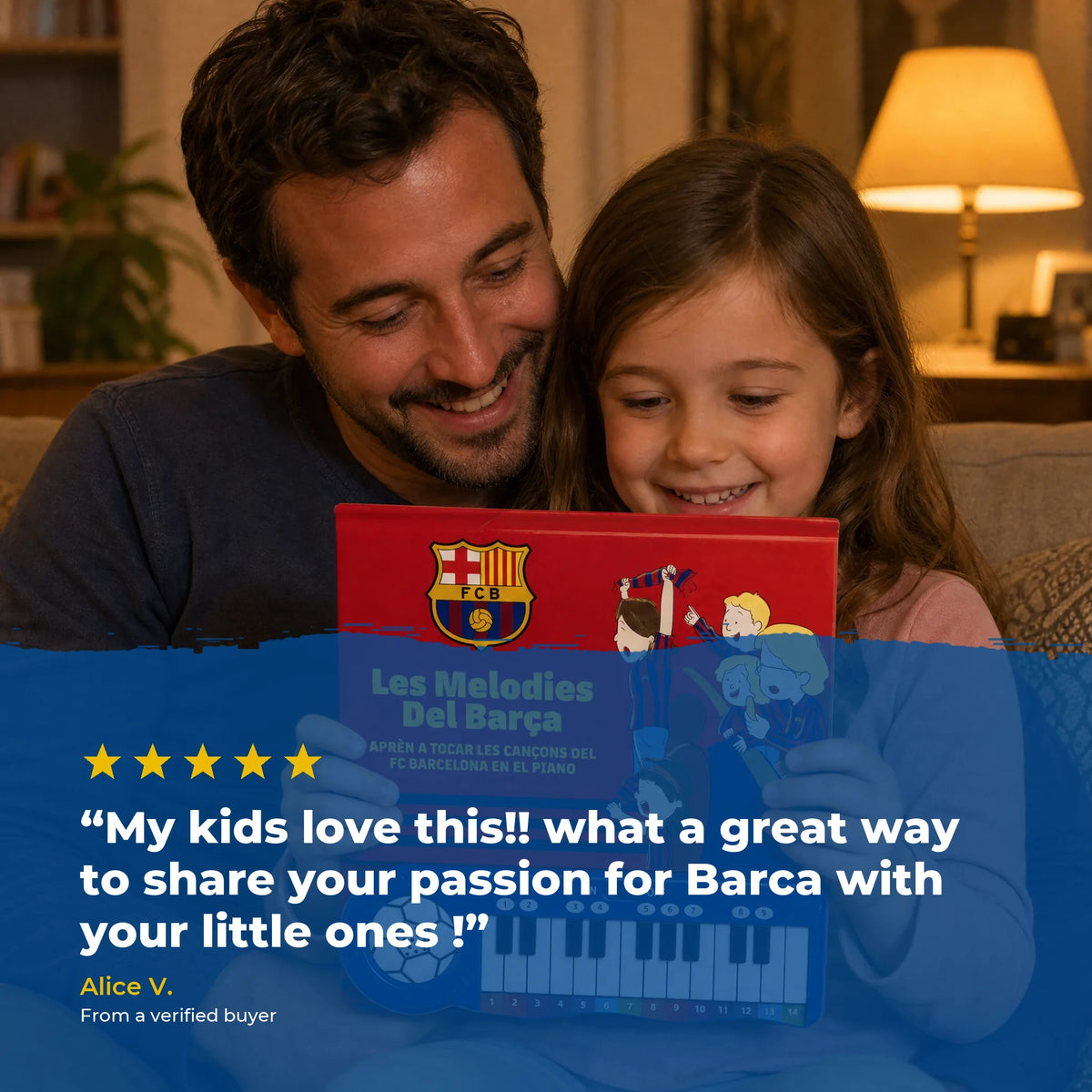 A father and his daughter with the FC Barcelona Piano Book, over a five-star review from a verified buyer.
