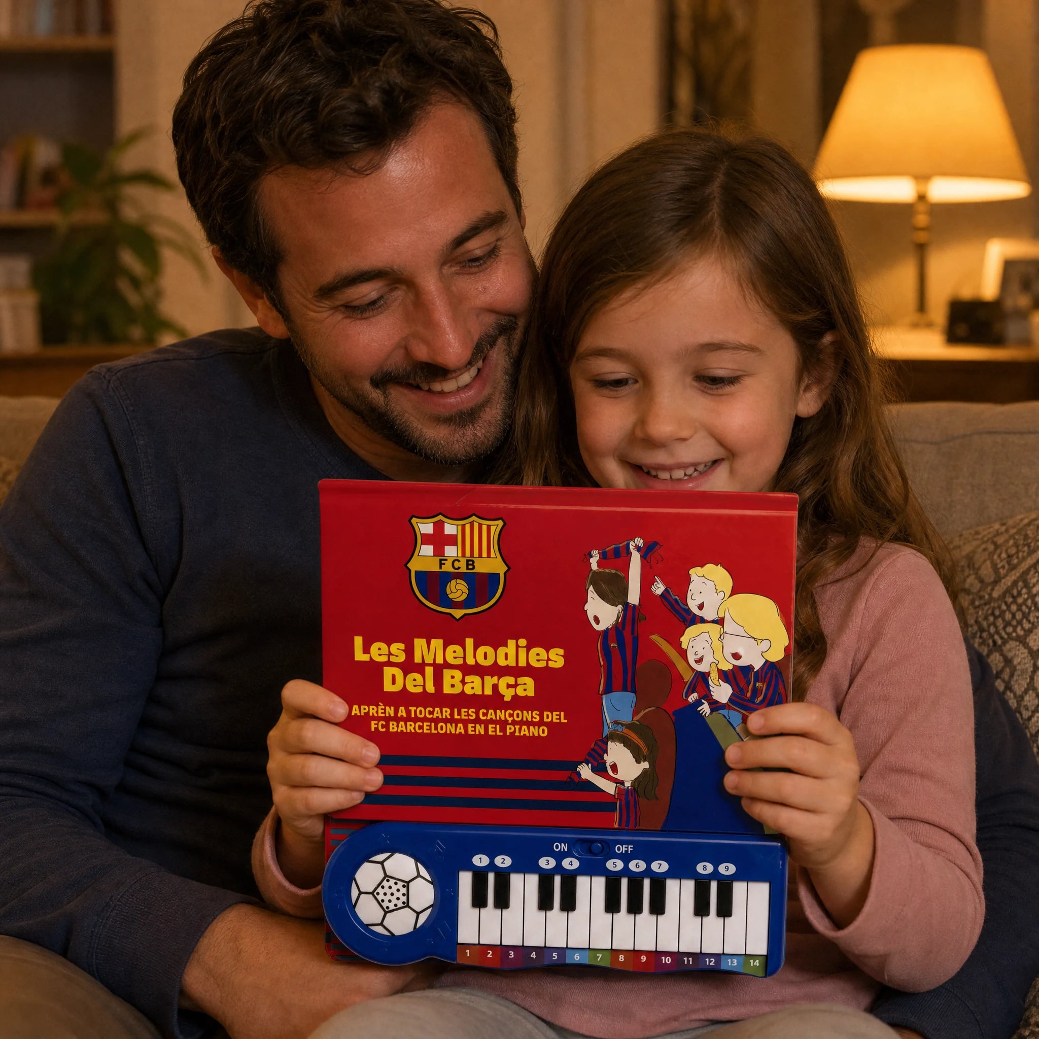 A dad and his daughter holding up the open FC Barcelona Piano Book, both smiling.