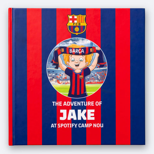 The FC Barcelona Personalised Book in English, hardback cover printed with the child’s name.
