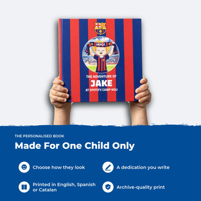 The FC Barcelona Personalised Book held in a child’s hands: choose the character, write the dedication, printed in English, Spanish or Catalan.