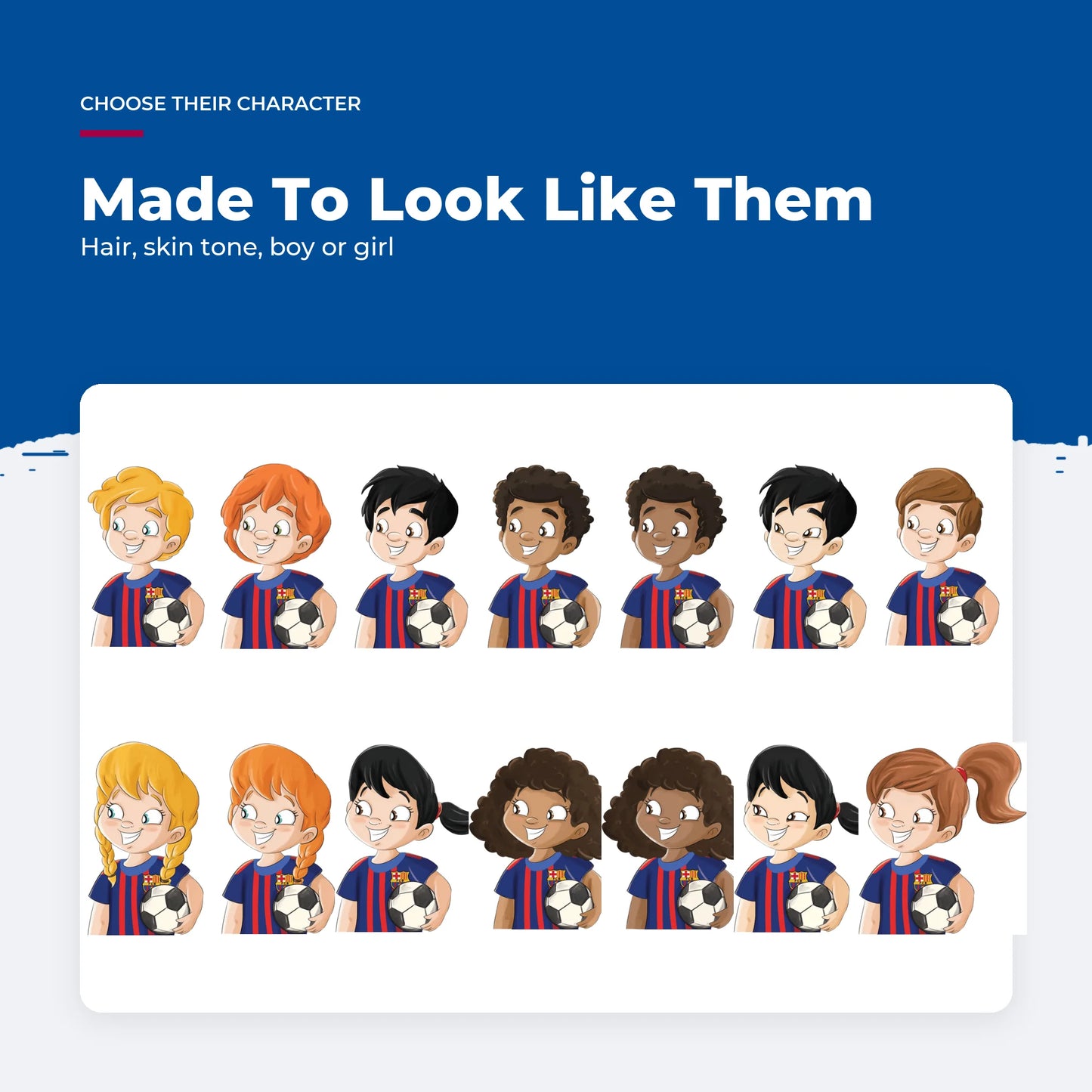 The fourteen FC Barcelona character options in the Personalised Book — seven per gender.