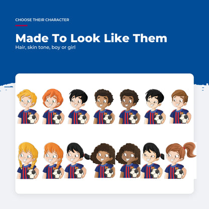The fourteen FC Barcelona character options in the Personalised Book — seven per gender.