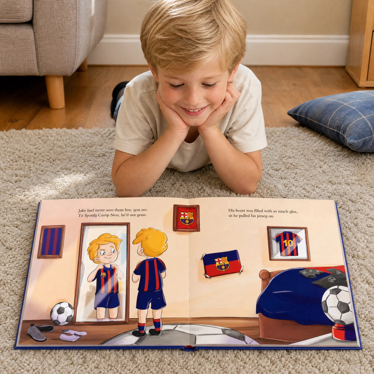 A boy lying on the living-room rug reading his FC Barcelona Personalised Book, open at the bedroom spread.